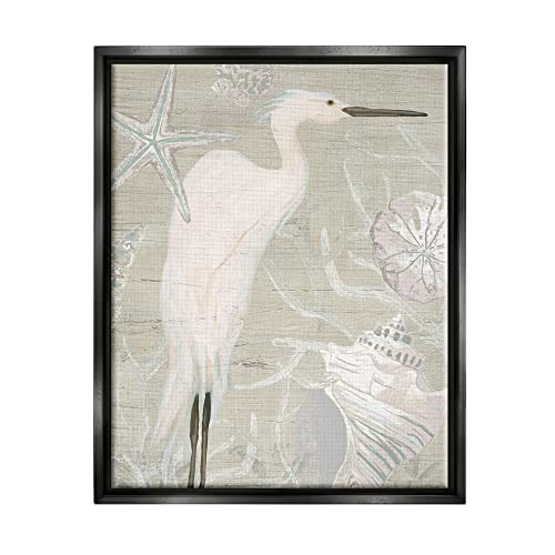 White Egret Seashells Starfish Rustic Grain Pattern Black Floating Frame