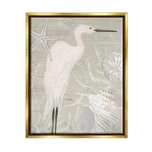 White Egret Seashells Starfish Rustic Grain Pattern Gold Floating Frame