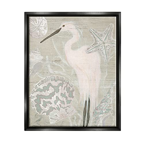 Rustic Seashells Egret Bird Grainy Pattern Sign Black Floating Frame