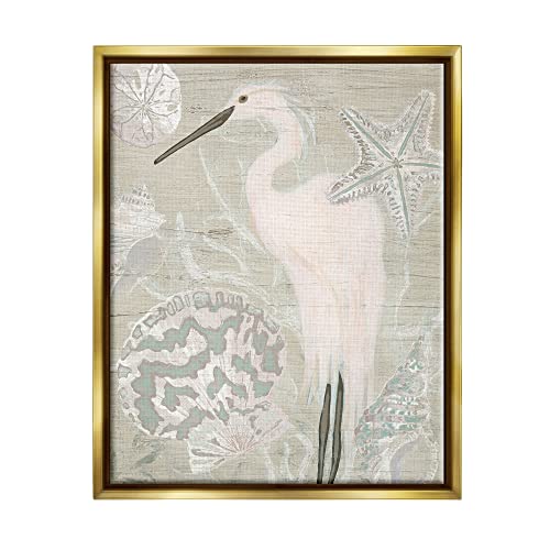 Rustic Seashells Egret Bird Grainy Pattern Sign Gold Floating Frame