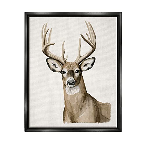 Brown Deer Gazing Antlers Watercolor Style Portrait Black Floating Frame