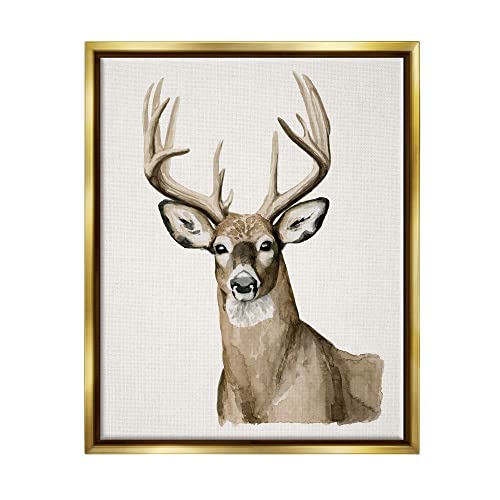 Brown Deer Gazing Antlers Watercolor Style Portrait Gold Floating Frame