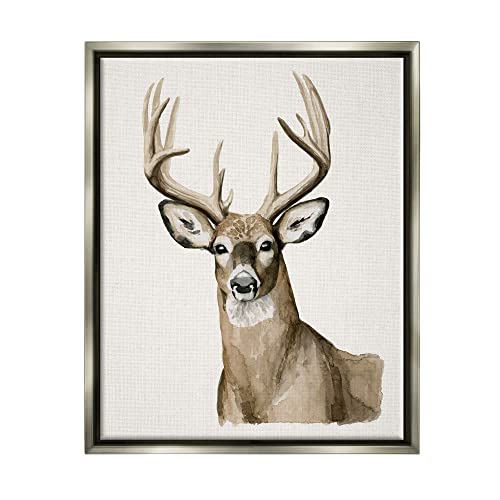 Brown Deer Gazing Antlers Watercolor Style Portrait Gray Floating Frame