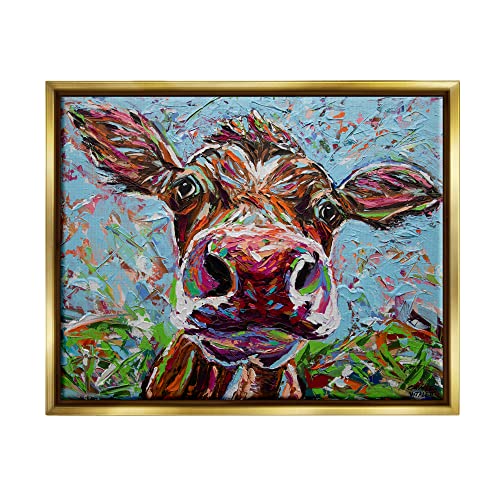 Bold Cattle Cow Kaleidoscopic Layered Farm Painting Gold Floating Frame