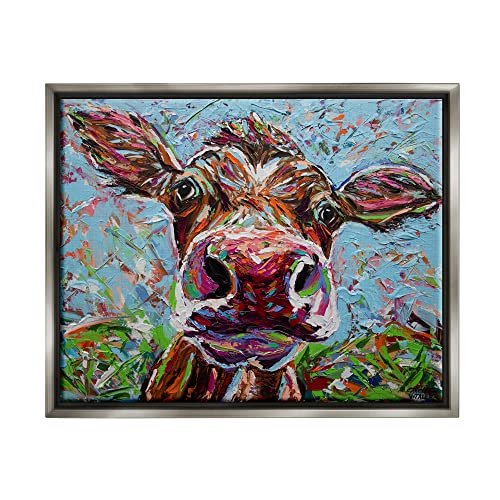 Bold Cattle Cow Kaleidoscopic Layered Farm Painting Gray Floating Frame