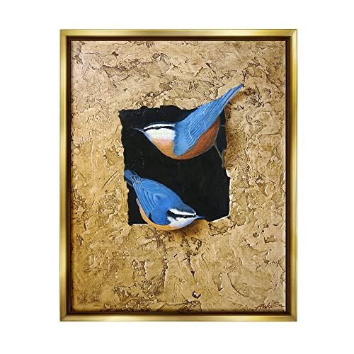 Blue Bird Pair Perched Rough Layered Structure Gold Floating Frame