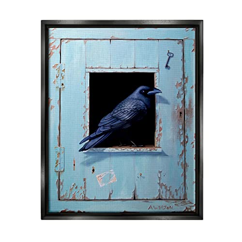 Crow Perched Rustic Blue Door Hanging Key Black Floating Frame