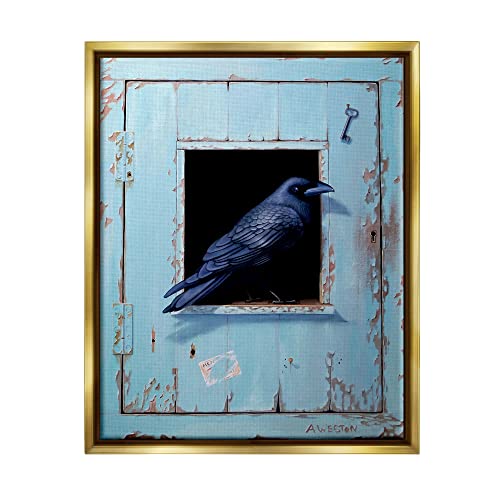 Crow Perched Rustic Blue Door Hanging Key Gold Floating Frame