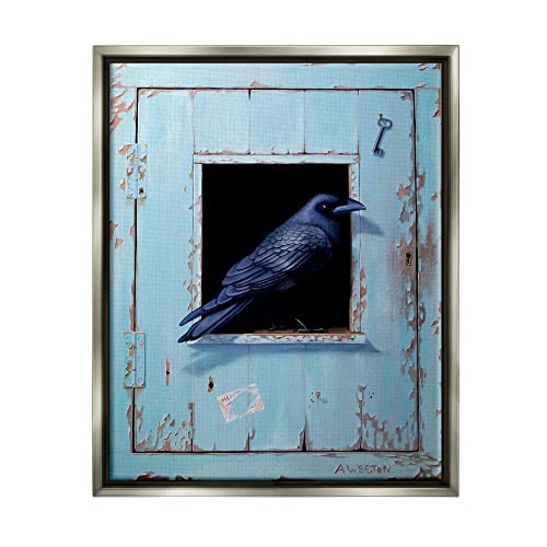 Crow Perched Rustic Blue Door Hanging Key Gray Floating Frame