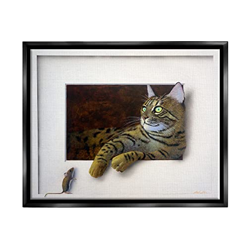 Manx Cat Resting Curious Mouse Peering Illusion Black Floating Frame