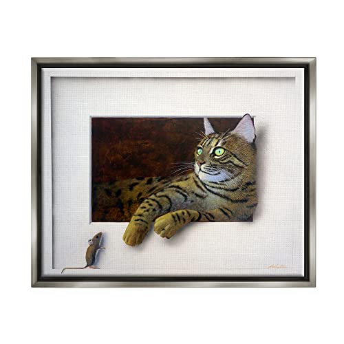 Manx Cat Resting Curious Mouse Peering Illusion Gray Floating Frame