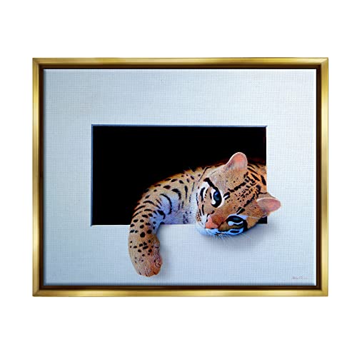 Baby Ocelot Cat Relaxing Paw Dark Mysterious Space Gold Floating Frame