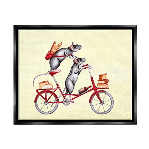 Mice On Bicycle Carrying Picnic Lunch Bread Cheese Black Floating Frame