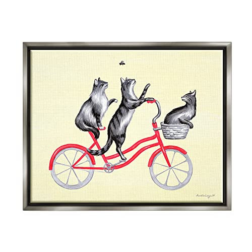 Playful Cats Riding Red Bicycle Buzzing Bee Gray Floating Frame