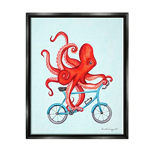 Red Octopus Tentacles Riding Blue Bike Bicycle Black Floating Frame