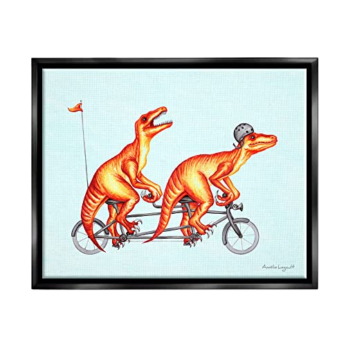 Whimsical Red T-Rex Dinosaurs Riding Tandem Bicycle Black Floating Frame