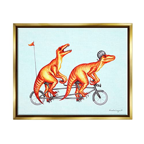 Whimsical Red T-Rex Dinosaurs Riding Tandem Bicycle Gold Floating Frame