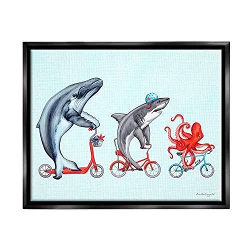 Aquatic Sea Life Animals Riding Bikes Red Accent Black Floating Frame