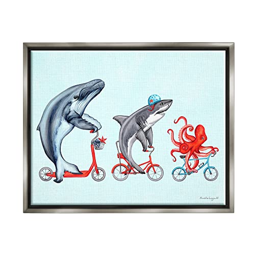 Aquatic Sea Life Animals Riding Bikes Red Accent Gray Floating Frame