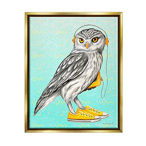 Owl Wearing Yellow Sneakers Headphones Retro Pattern Gold Floating Frame