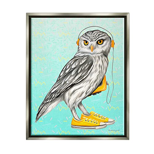 Owl Wearing Yellow Sneakers Headphones Retro Pattern Gray Floating Frame