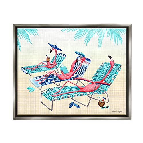 Pink Flamingos Lounging Beach Chairs Tropical Scene Gray Floating Frame