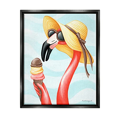 Summertime Flamingo Sun Hat Enjoying Ice Cream Cone Black Floating Frame