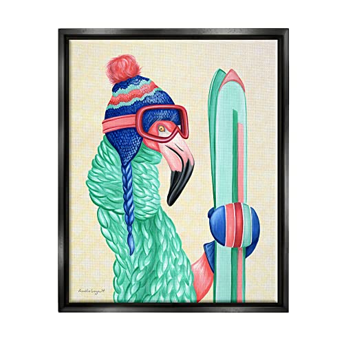 Flamingo Bird Wearing Skiing Winter Sports Clothes Black Floating Frame