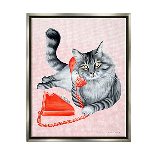 Expressive Manx Cat Vintage Telephone Botanical Pattern Gray Floating Frame