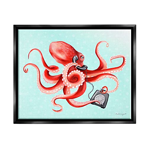 Red Ombre Octopus Tentacles Retro Rotary Phone Black Floating Frame