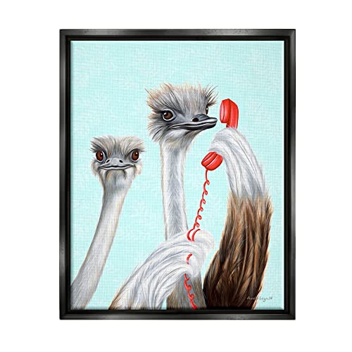 Detailed Ostrich Birds Talking Red Cord Telephone Black Floating Frame