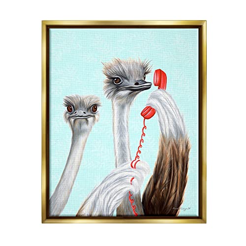 Detailed Ostrich Birds Talking Red Cord Telephone Gold Floating Frame