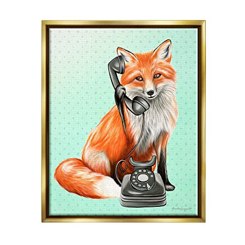 Red Fox Vintage Phone Dotted Ombre Pattern Gold Floating Frame