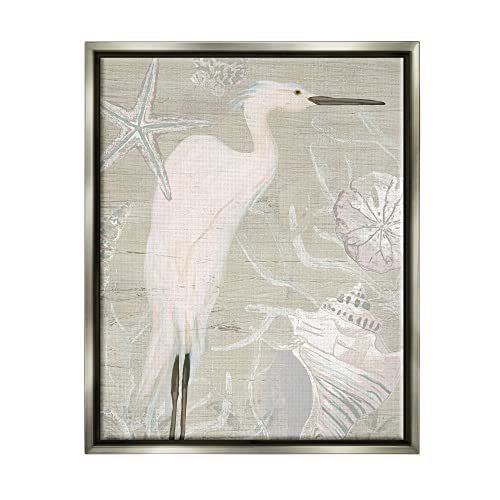 White Egret Seashells Starfish Rustic Grain Pattern Gray Floating Frame