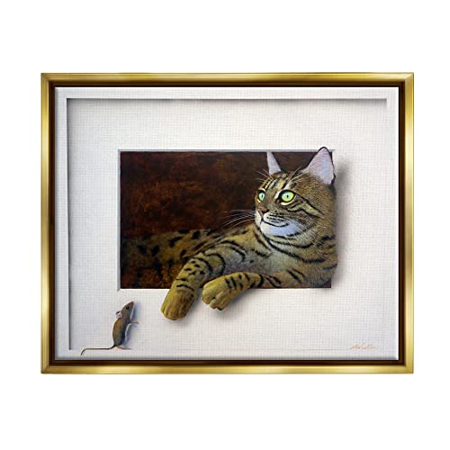 Manx Cat Resting Curious Mouse Peering Illusion Gold Floating Frame