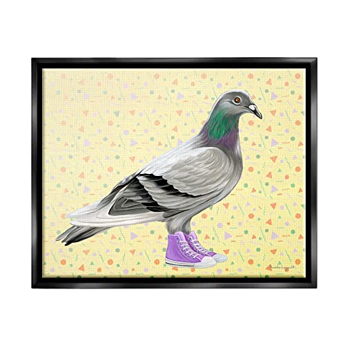 Pigeon In Purple Sneakers Retro Patterned Background Black Floating Frame