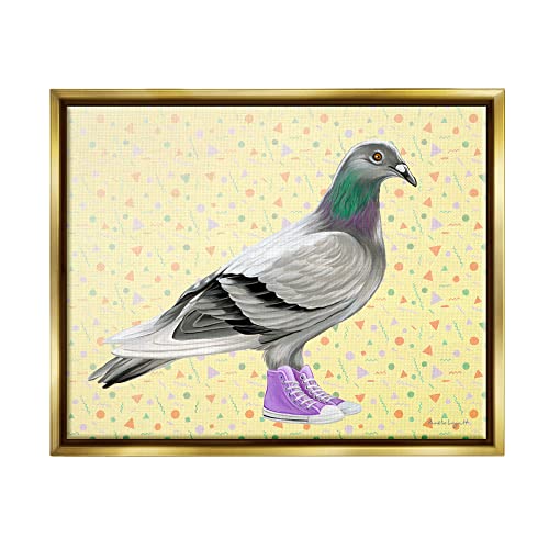 Pigeon In Purple Sneakers Retro Patterned Background Gold Floating Frame