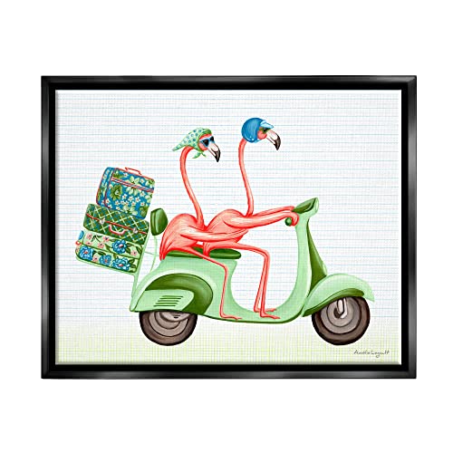 Flamingo Couple Riding Motor Scooter Packed Luggage Black Floating Frame