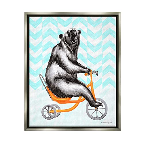 Roaring Bear Riding Tricycle Whimsical Chevron Pattern Gray Floating Frame
